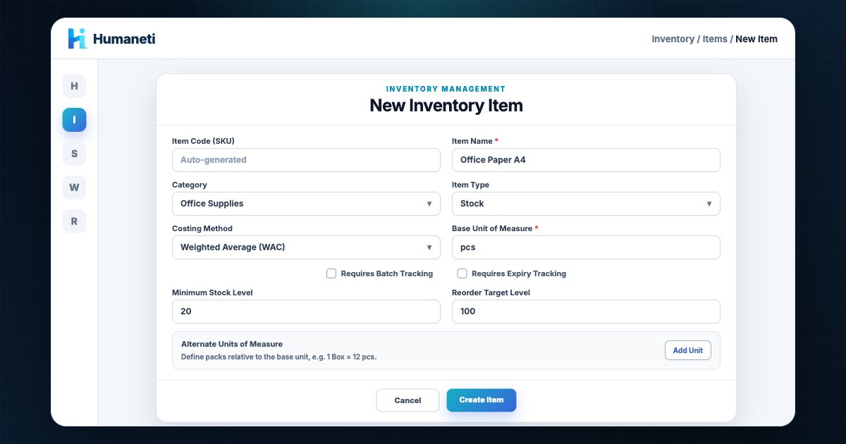 Humaneti inventory item and stock-control experience